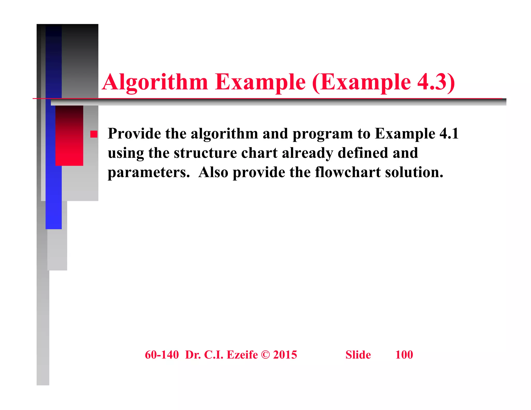 Al ith E l (E l 4 3)
Algorithm Example (Example 4.3)
 Provide the algorithm and program to Example 4.1
using the structure chart already defined and
parameters. Also provide the flowchart solution.
p p
60-140 Dr. C.I. Ezeife © 2015 Slide 100
 