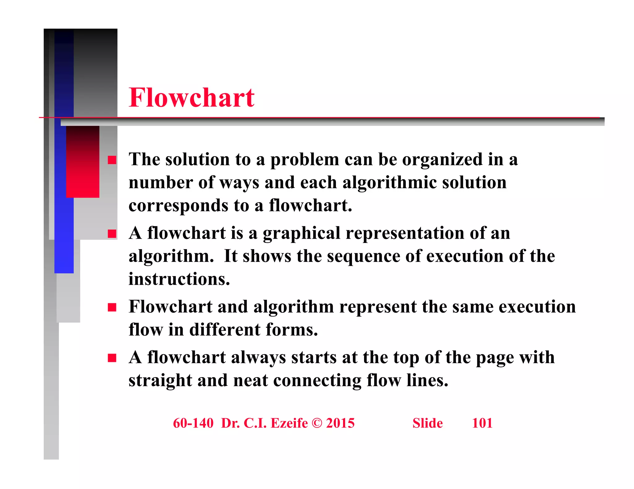 Fl h t
Flowchart
 The solution to a problem can be organized in a
number of ways and each algorithmic solution
corresponds to a flowchart.
p
 A flowchart is a graphical representation of an
algorithm. It shows the sequence of execution of the
i t ti
instructions.
 Flowchart and algorithm represent the same execution
flow in different forms.
 A flowchart always starts at the top of the page with
straight and neat connecting flow lines.
60-140 Dr. C.I. Ezeife © 2015 Slide 101
 