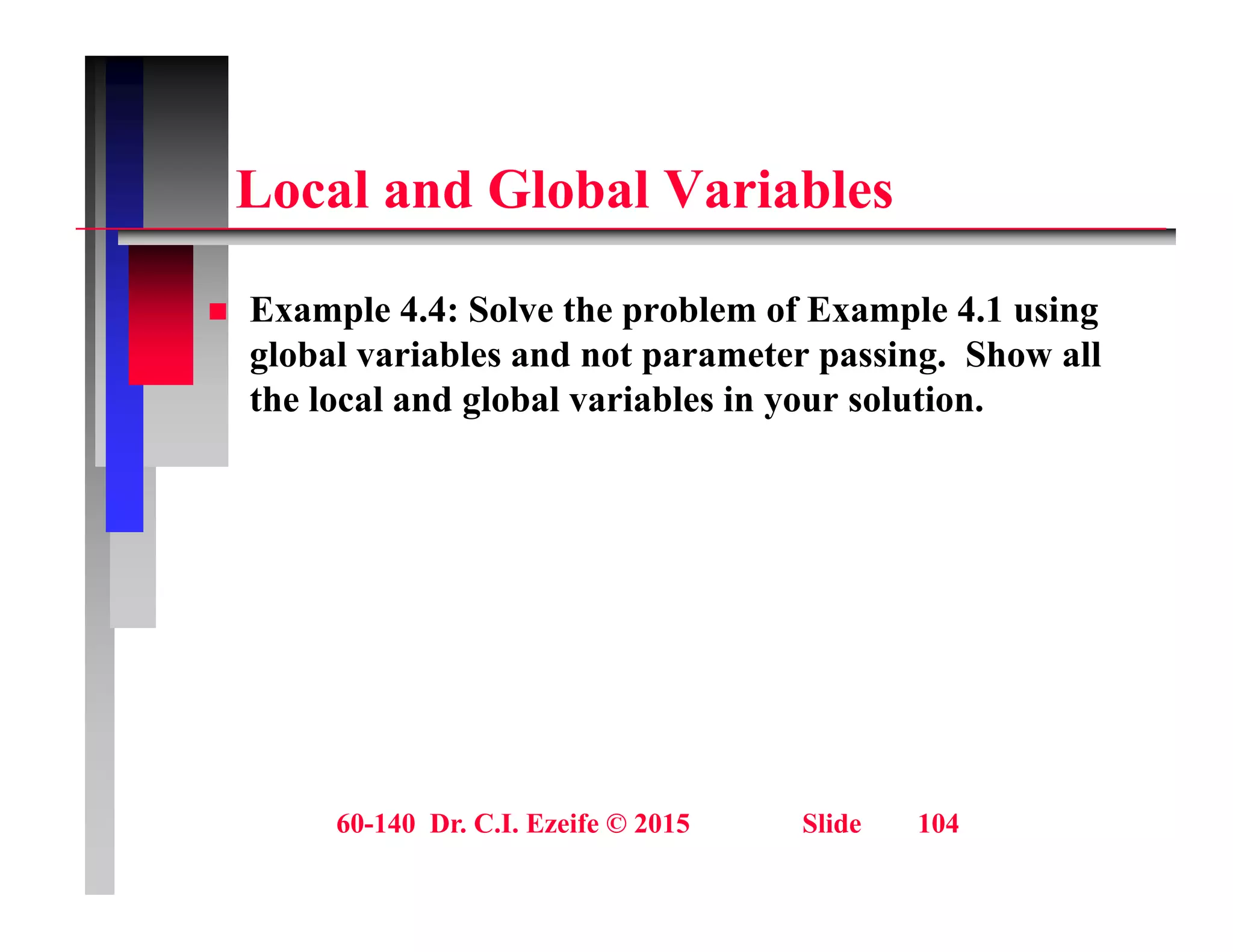 L l d Gl b l V i bl
Local and Global Variables
 Example 4.4: Solve the problem of Example 4.1 using
global variables and not parameter passing. Show all
the local and global variables in your solution.
g y
60-140 Dr. C.I. Ezeife © 2015 Slide 104
 