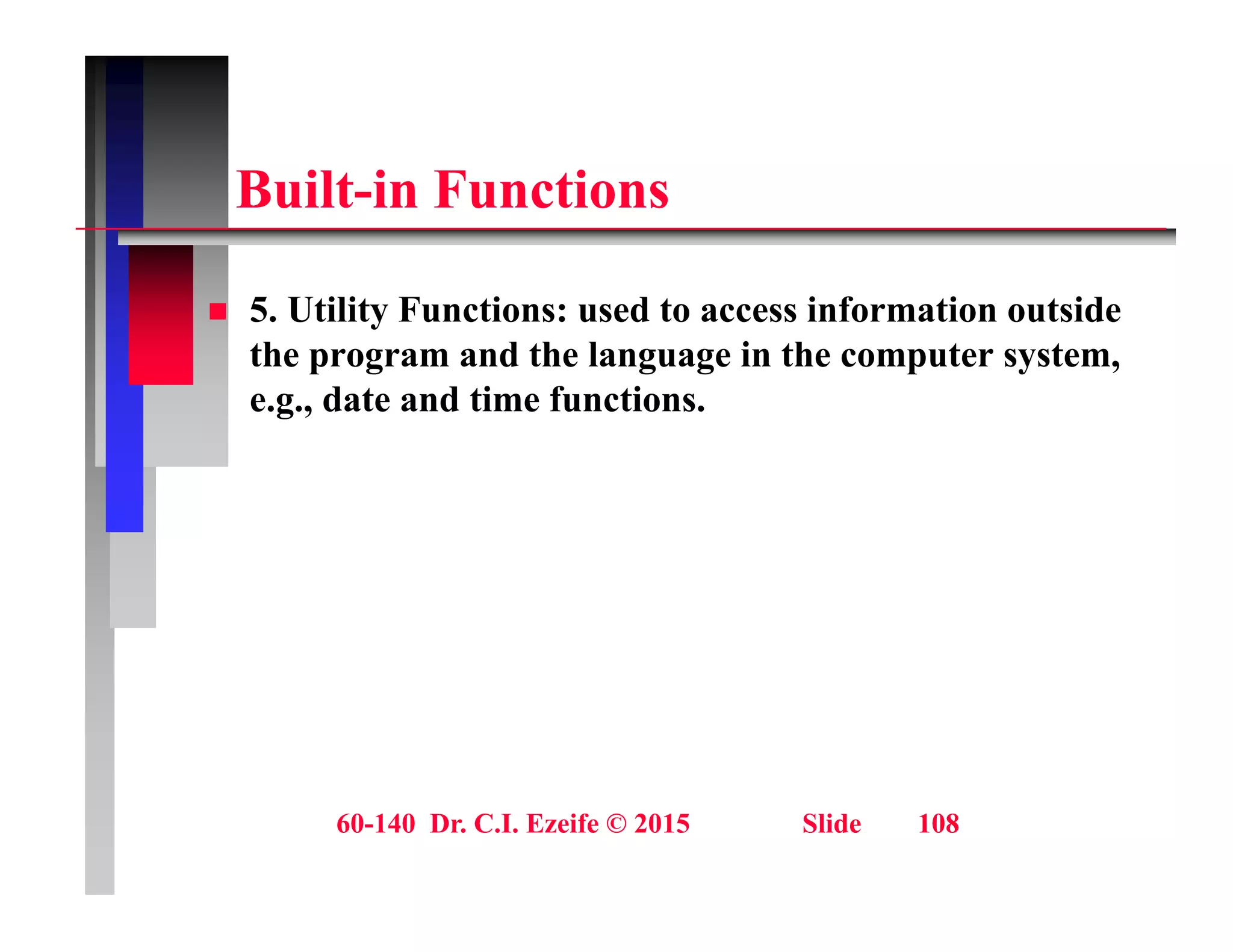 B ilt i F ti
Built-in Functions
 5. Utility Functions: used to access information outside
the program and the language in the computer system,
e.g., date and time functions.
g ,
60-140 Dr. C.I. Ezeife © 2015 Slide 108
 
