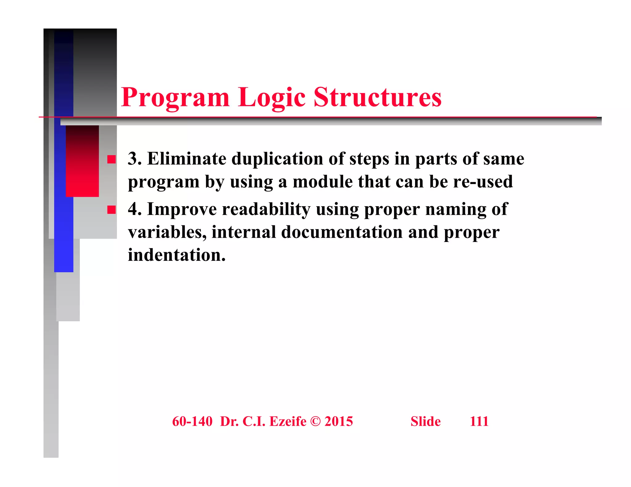 P L i St t
Program Logic Structures
 3. Eliminate duplication of steps in parts of same
program by using a module that can be re-used
 4. Improve readability using proper naming of
 4. Improve readability using proper naming of
variables, internal documentation and proper
indentation.
60-140 Dr. C.I. Ezeife © 2015 Slide 111
 