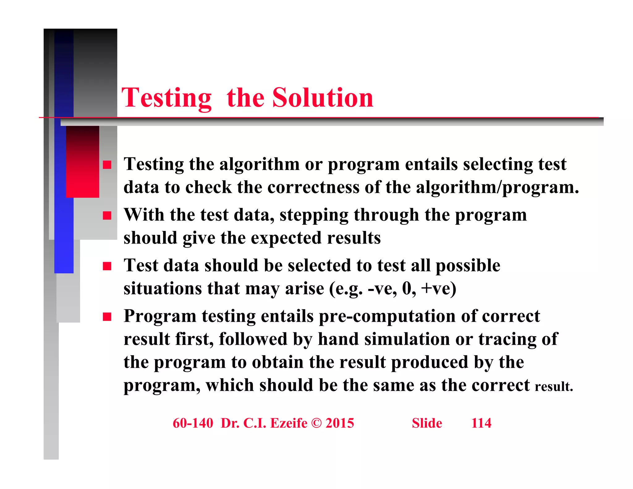 T ti th S l ti
Testing the Solution
 Testing the algorithm or program entails selecting test
data to check the correctness of the algorithm/program.
 With the test data stepping through the program
 With the test data, stepping through the program
should give the expected results
 Test data should be selected to test all possible
p
situations that may arise (e.g. -ve, 0, +ve)
 Program testing entails pre-computation of correct
result first followed by hand simulation or tracing of
result first, followed by hand simulation or tracing of
the program to obtain the result produced by the
program, which should be the same as the correct result.
60-140 Dr. C.I. Ezeife © 2015 Slide 114
 
