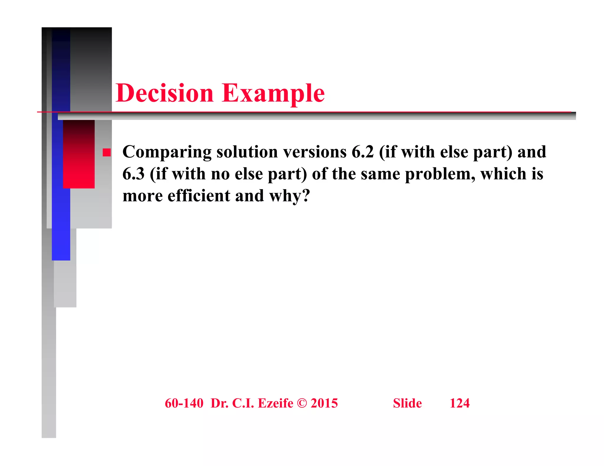 D i i E l
Decision Example
 Comparing solution versions 6.2 (if with else part) and
6.3 (if with no else part) of the same problem, which is
more efficient and why?
y
60-140 Dr. C.I. Ezeife © 2015 Slide 124
 