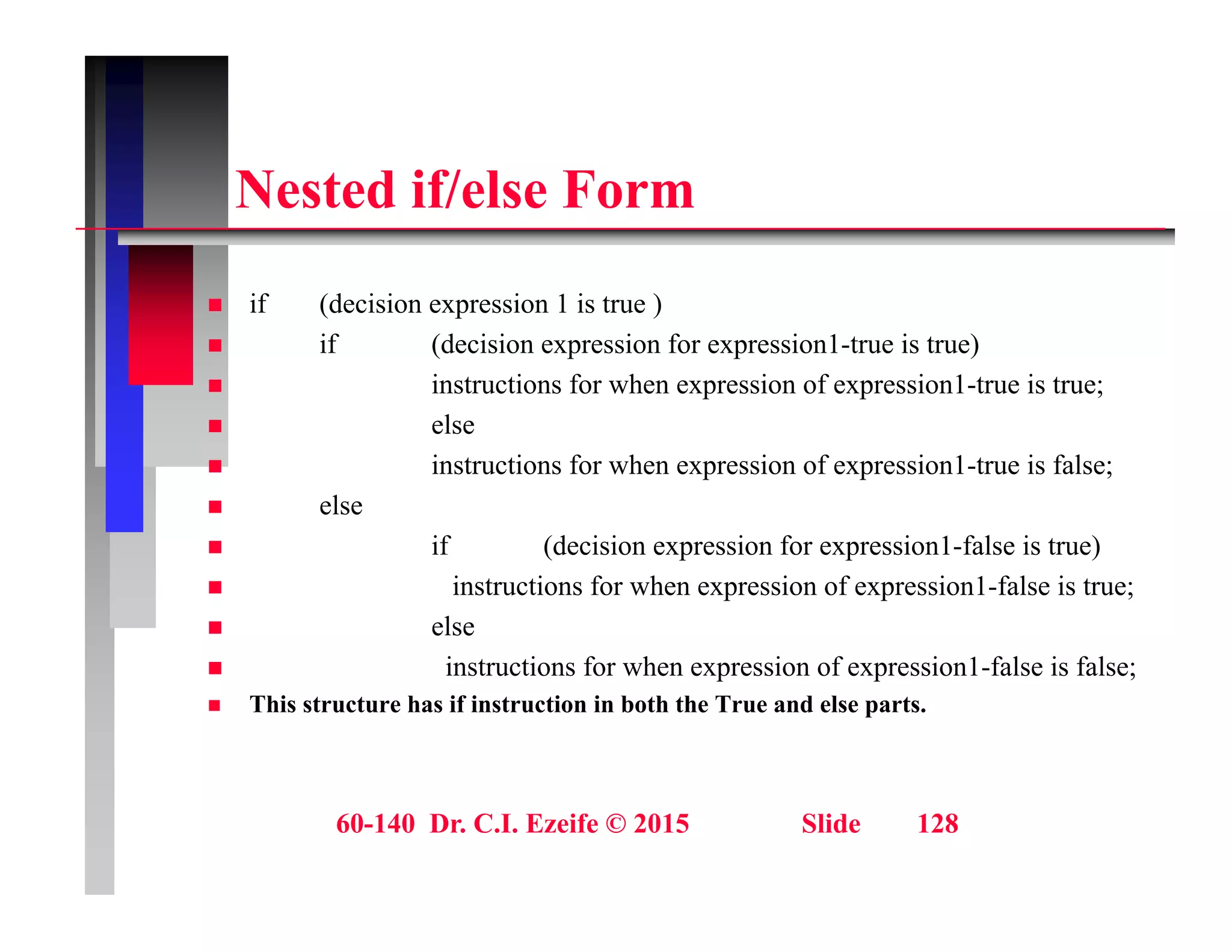 N t d if/ l F
Nested if/else Form
if (d i i i 1 i )
 if (decision expression 1 is true )
 if (decision expression for expression1-true is true)
 instructions for when expression of expression1-true is true;
l
 else
 instructions for when expression of expression1-true is false;
 else
if (d i i i f i 1 f l i )
 if (decision expression for expression1-false is true)
 instructions for when expression of expression1-false is true;
 else
 instructions for when expression of expression1-false is false;
 This structure has if instruction in both the True and else parts.
60-140 Dr. C.I. Ezeife © 2015 Slide 128
 