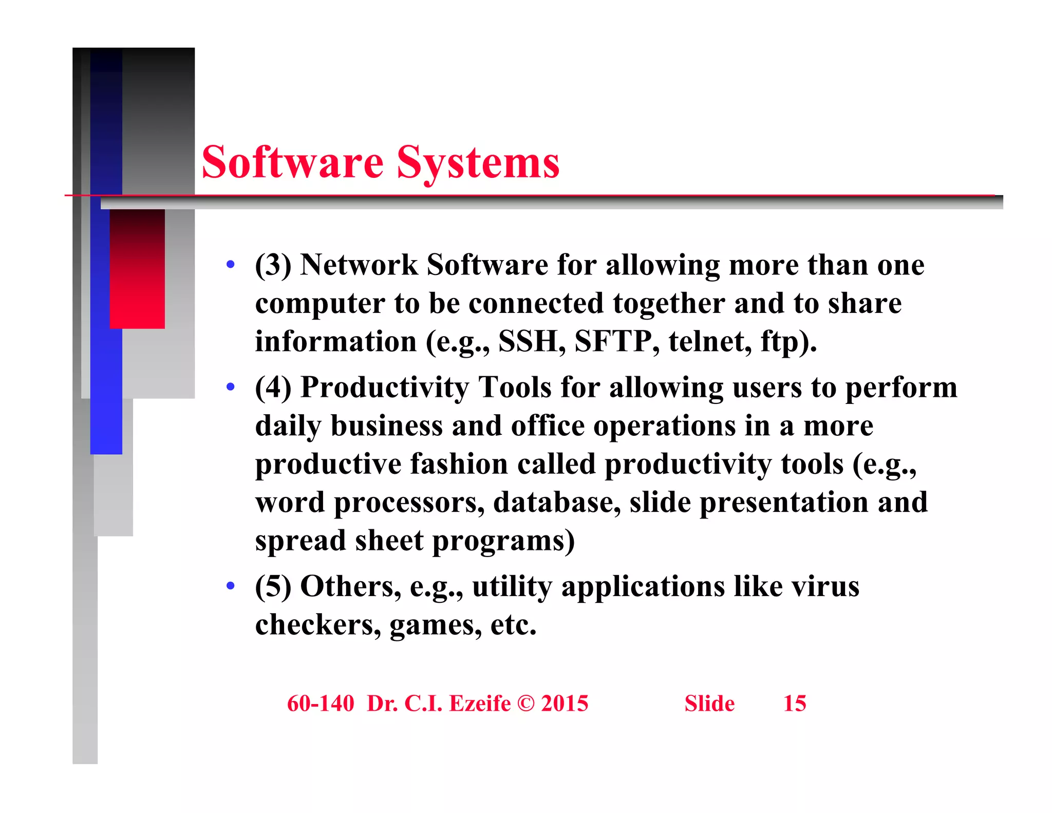 S ft S t
Software Systems
• (3) Network Software for allowing more than one
computer to be connected together and to share
information (e.g., SSH, SFTP, telnet, ftp).
( g , , , , p)
• (4) Productivity Tools for allowing users to perform
daily business and office operations in a more
d ti f hi ll d d ti it t l (
productive fashion called productivity tools (e.g.,
word processors, database, slide presentation and
spread sheet programs)
• (5) Others, e.g., utility applications like virus
checkers, games, etc.
60-140 Dr. C.I. Ezeife © 2015 Slide 15
 