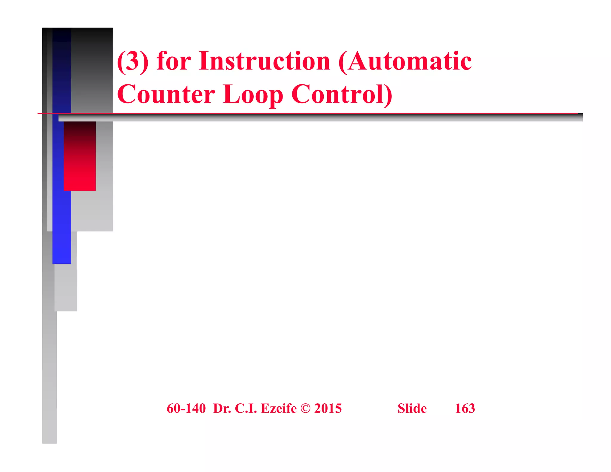 (3) for Instruction (Automatic
C t L C t l)
Counter Loop Control)
60-140 Dr. C.I. Ezeife © 2015 Slide 163
 