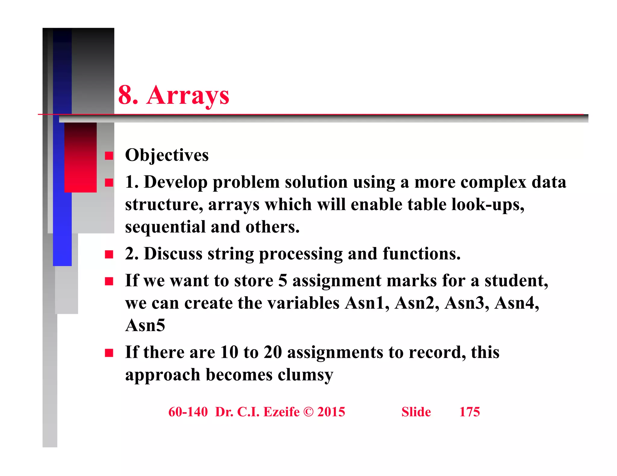 8 A
8. Arrays
 Objectives
 1. Develop problem solution using a more complex data
structure, arrays which will enable table look-ups,
structure, arrays which will enable table look ups,
sequential and others.
 2. Discuss string processing and functions.
 If we want to store 5 assignment marks for a student,
we can create the variables Asn1, Asn2, Asn3, Asn4,
Asn5
Asn5
 If there are 10 to 20 assignments to record, this
approach becomes clumsy
60-140 Dr. C.I. Ezeife © 2015 Slide 175
 