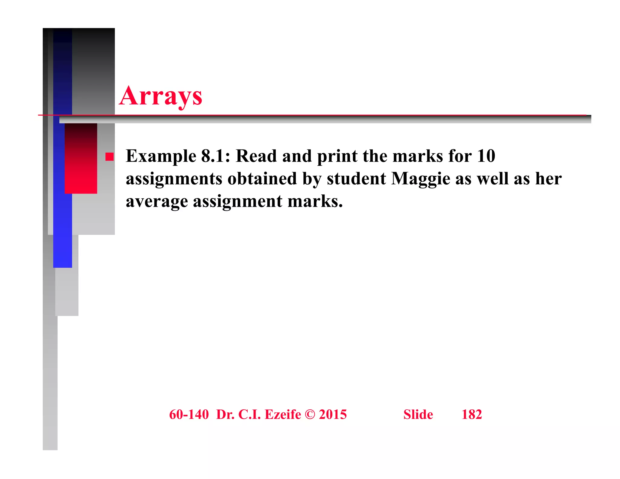 A
Arrays
 Example 8.1: Read and print the marks for 10
assignments obtained by student Maggie as well as her
average assignment marks.
g g
60-140 Dr. C.I. Ezeife © 2015 Slide 182
 