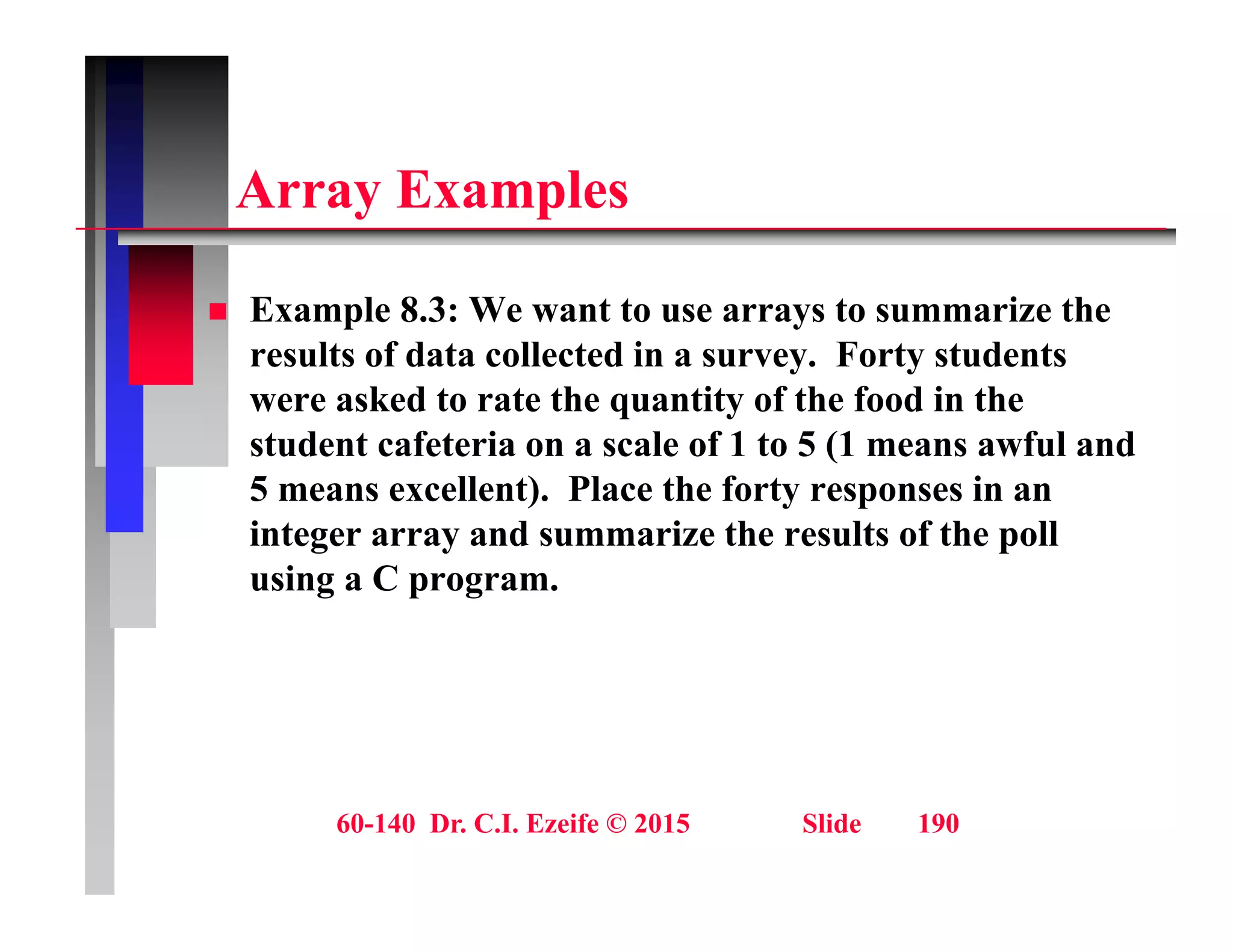 A E l
Array Examples
 Example 8.3: We want to use arrays to summarize the
results of data collected in a survey. Forty students
were asked to rate the quantity of the food in the
q y
student cafeteria on a scale of 1 to 5 (1 means awful and
5 means excellent). Place the forty responses in an
integer array and summarize the results of the poll
integer array and summarize the results of the poll
using a C program.
60-140 Dr. C.I. Ezeife © 2015 Slide 190
 