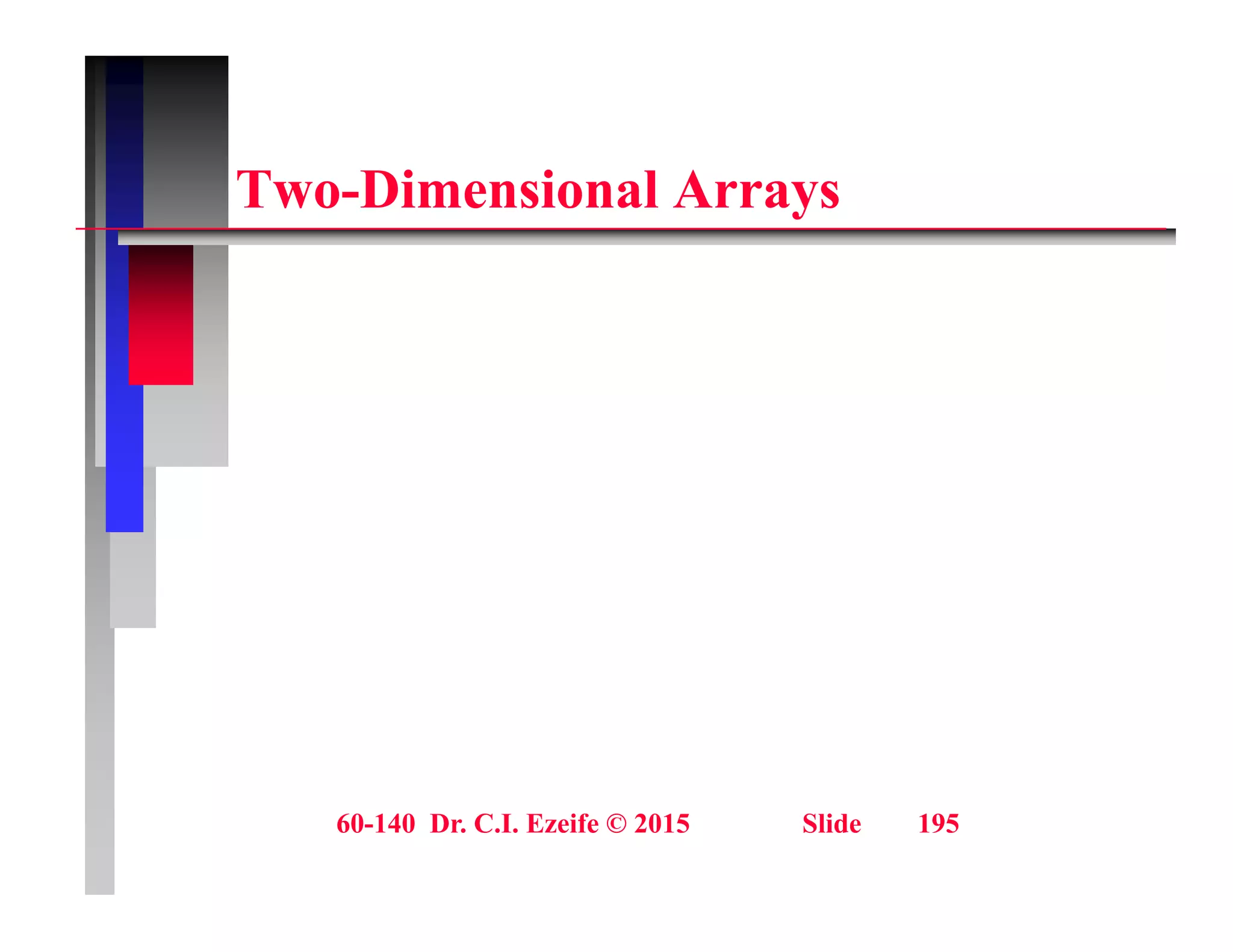 T Di i l A
Two-Dimensional Arrays
60-140 Dr. C.I. Ezeife © 2015 Slide 195
 