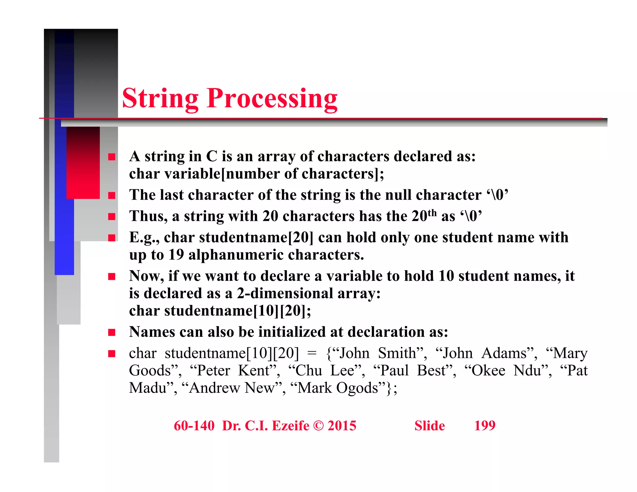 St i P i
String Processing
A t i i C i f h t d l d
 A string in C is an array of characters declared as:
char variable[number of characters];
 The last character of the string is the null character ‘0’
 Thus a string with 20 characters has the 20th as ‘0’
 Thus, a string with 20 characters has the 20th as ‘0’
 E.g., char studentname[20] can hold only one student name with
up to 19 alphanumeric characters.
 Now if we want to declare a variable to hold 10 student names it
 Now, if we want to declare a variable to hold 10 student names, it
is declared as a 2-dimensional array:
char studentname[10][20];
 Names can also be initialized at declaration as:
 char studentname[10][20] = {“John Smith”, “John Adams”, “Mary
Goods”, “Peter Kent”, “Chu Lee”, “Paul Best”, “Okee Ndu”, “Pat
Madu”, “Andrew New”, “Mark Ogods”};
60-140 Dr. C.I. Ezeife © 2015 Slide 199
 