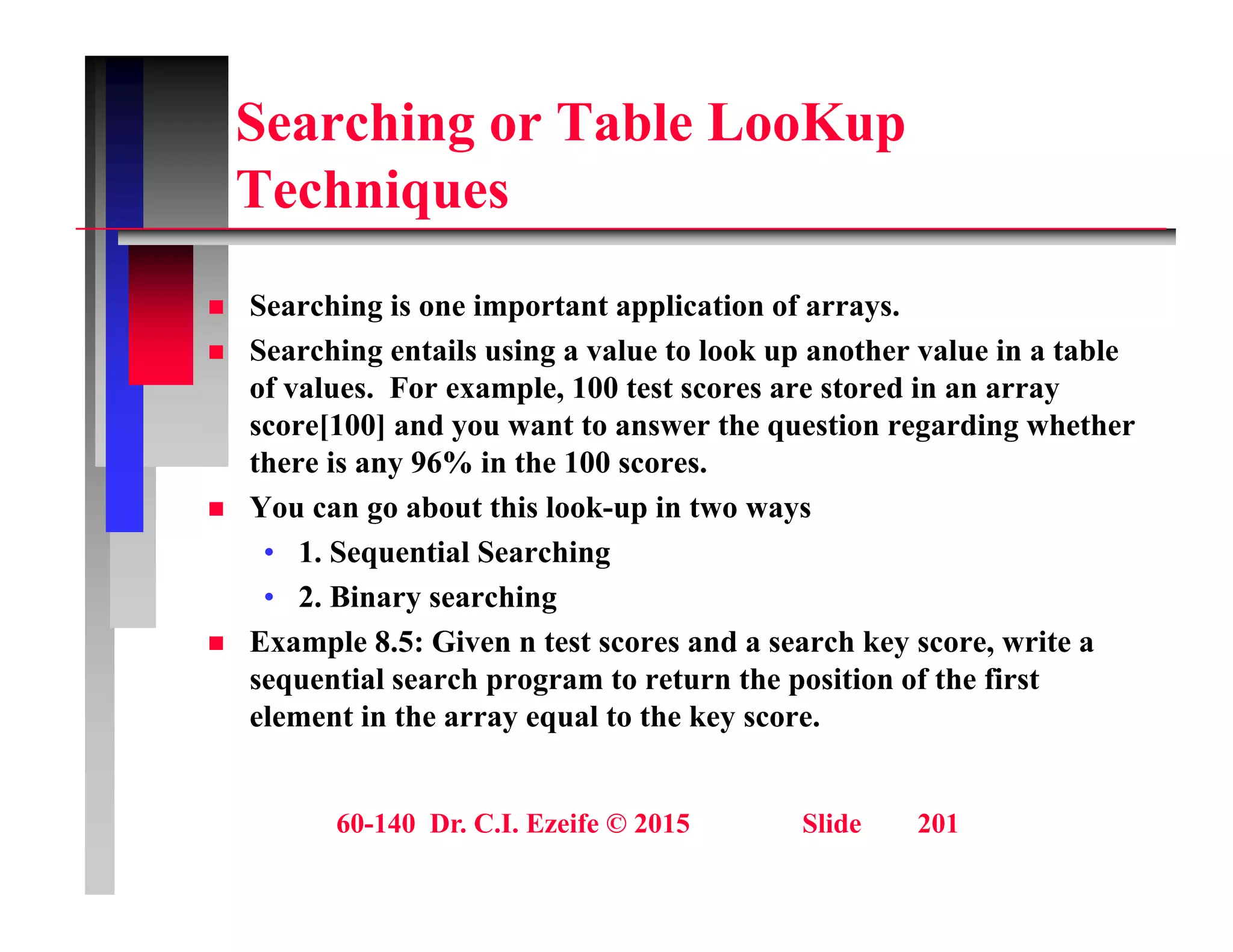 Searching or Table LooKup
T h i
Techniques
S hi i i li i f
 Searching is one important application of arrays.
 Searching entails using a value to look up another value in a table
of values. For example, 100 test scores are stored in an array
[100] d t t th ti di h th
score[100] and you want to answer the question regarding whether
there is any 96% in the 100 scores.
 You can go about this look-up in two ways
• 1. Sequential Searching
• 2. Binary searching
 Example 8.5: Given n test scores and a search key score, write a
p y ,
sequential search program to return the position of the first
element in the array equal to the key score.
60-140 Dr. C.I. Ezeife © 2015 Slide 201
 