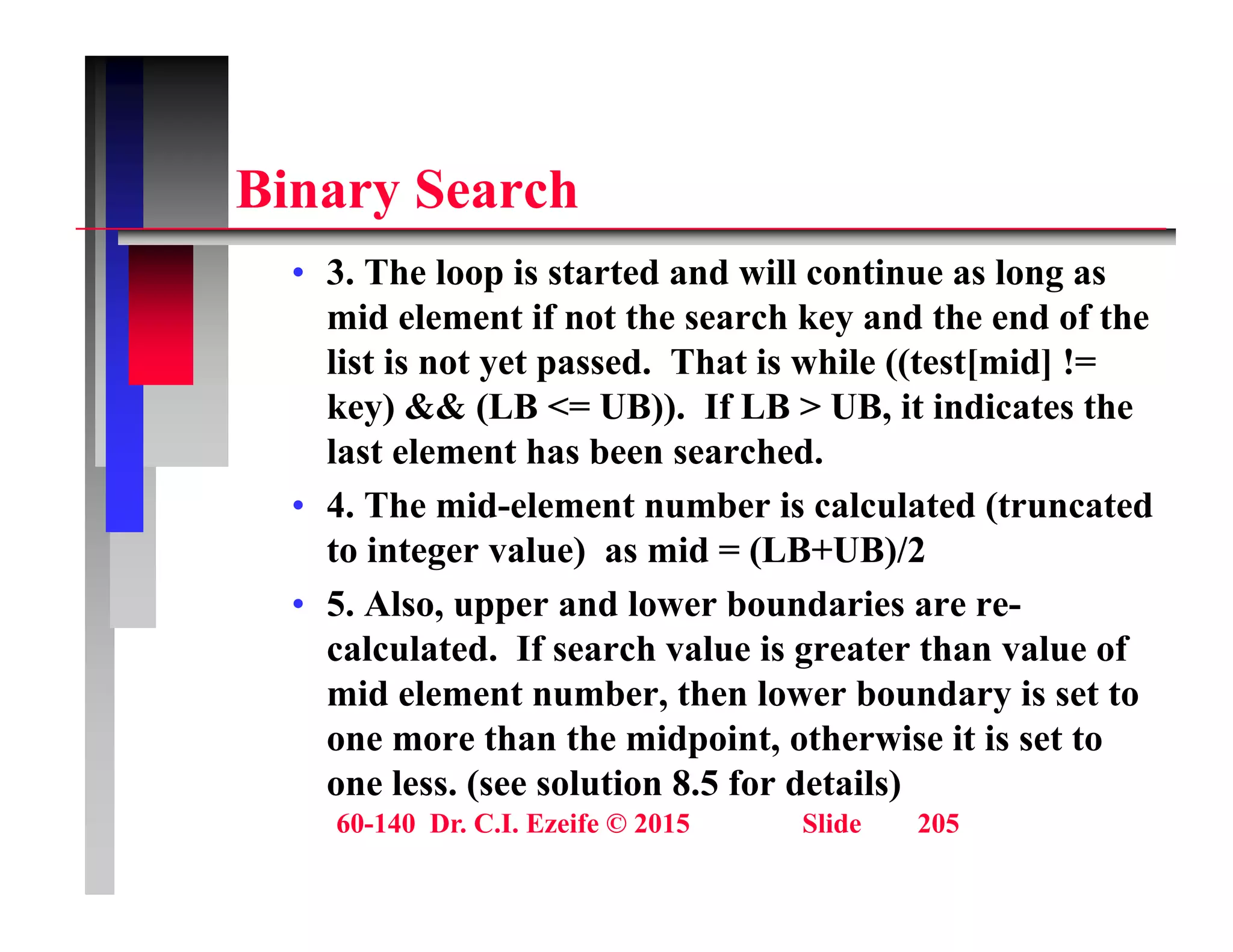 Bi S h
Binary Search
• 3. The loop is started and will continue as long as
mid element if not the search key and the end of the
list is not yet passed. That is while ((test[mid] !=
key) && (LB <= UB)). If LB > UB, it indicates the
key) && (LB UB)). If LB UB, it indicates the
last element has been searched.
• 4. The mid-element number is calculated (truncated
to integer value) as mid = (LB+UB)/2
• 5. Also, upper and lower boundaries are re-
calculated. If search value is greater than value of
calculated. If search value is greater than value of
mid element number, then lower boundary is set to
one more than the midpoint, otherwise it is set to
l ( l ti 8 5 f d t il )
60-140 Dr. C.I. Ezeife © 2015 Slide 205
one less. (see solution 8.5 for details)
 