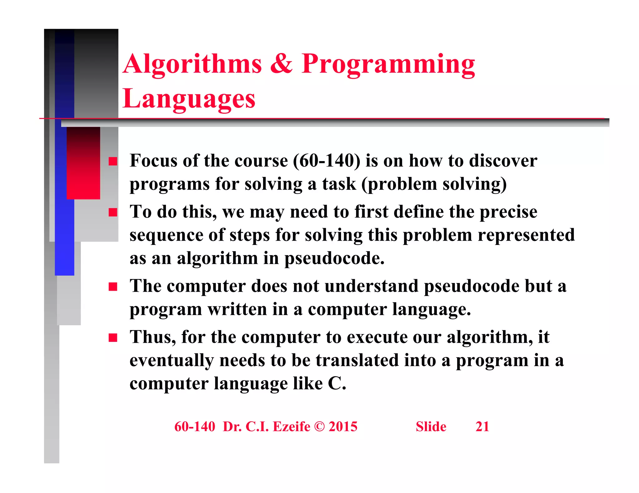 Algorithms & Programming
L
Languages
 Focus of the course (60-140) is on how to discover
programs for solving a task (problem solving)
 To do this, we may need to first define the precise
 To do this, we may need to first define the precise
sequence of steps for solving this problem represented
as an algorithm in pseudocode.
 The computer does not understand pseudocode but a
program written in a computer language.
 Thus for the computer to execute our algorithm it
 Thus, for the computer to execute our algorithm, it
eventually needs to be translated into a program in a
computer language like C.
60-140 Dr. C.I. Ezeife © 2015 Slide 21
 