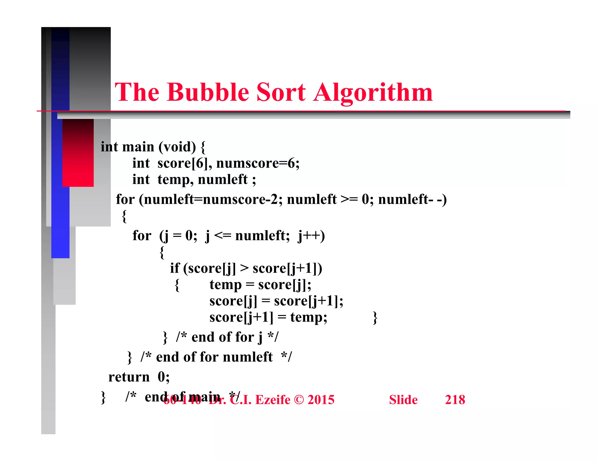 Th B bbl S t Al ith
The Bubble Sort Algorithm
i t i ( id) {
int main (void) {
int score[6], numscore=6;
int temp, numleft ;
for (numleft=numscore-2; numleft >= 0; numleft- -)
for (numleft numscore 2; numleft > 0; numleft )
{
for (j = 0; j <= numleft; j++)
{
if (score[j] > score[j+1])
{ temp = score[j];
score[j] = score[j+1];
score[j+1] = temp; }
score[j+1] = temp; }
} /* end of for j */
} /* end of for numleft */
return 0;
60-140 Dr. C.I. Ezeife © 2015 Slide 218
return 0;
} /* end of main */
 