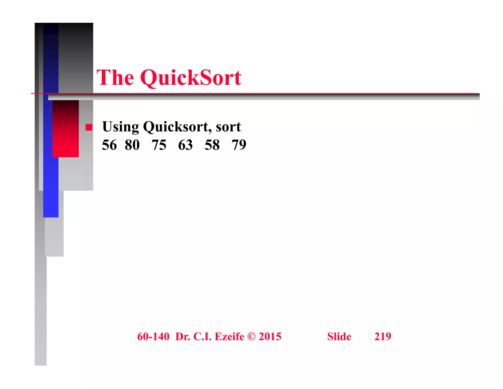 Th Q i kS t
The QuickSort
 Using Quicksort, sort
56 80 75 63 58 79
60-140 Dr. C.I. Ezeife © 2015 Slide 219
 
