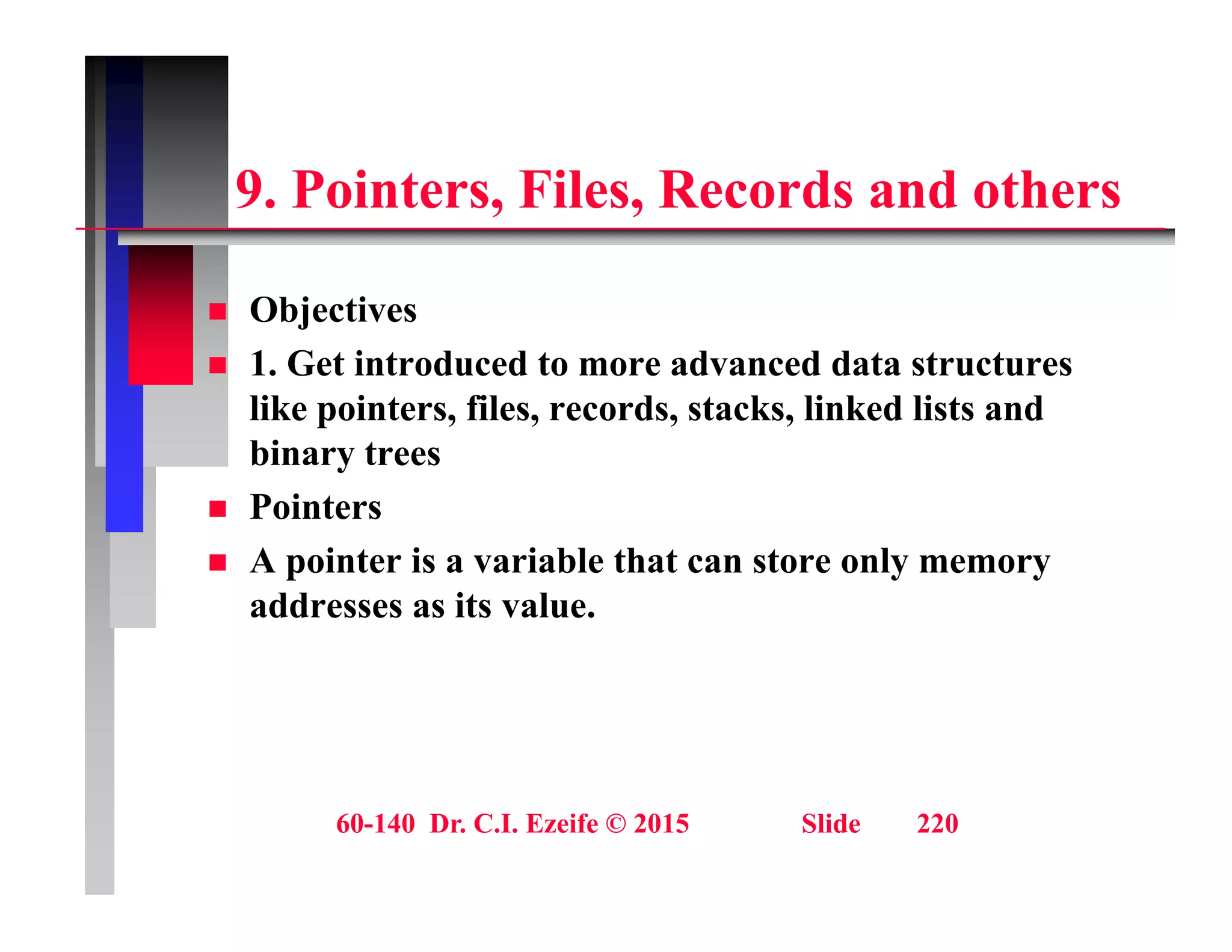 9 P i t Fil R d d th
9. Pointers, Files, Records and others
 Objectives
 1. Get introduced to more advanced data structures
like pointers, files, records, stacks, linked lists and
like pointers, files, records, stacks, linked lists and
binary trees
 Pointers
 A pointer is a variable that can store only memory
addresses as its value.
60-140 Dr. C.I. Ezeife © 2015 Slide 220
 