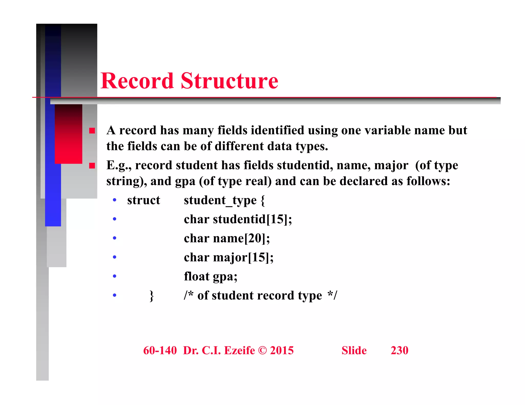 R d St t
Record Structure
A d h fi ld id ifi d i i bl b
 A record has many fields identified using one variable name but
the fields can be of different data types.
 E.g., record student has fields studentid, name, major (of type
t i ) d ( f t l) d b d l d f ll
string), and gpa (of type real) and can be declared as follows:
• struct student_type {
• char studentid[15];
• char name[20];
• char major[15];
• float gpa;
float gpa;
• } /* of student record type */
60-140 Dr. C.I. Ezeife © 2015 Slide 230
 