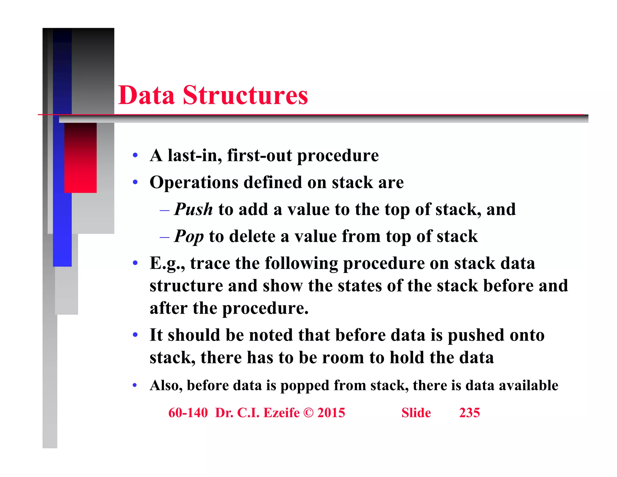 D t St t
Data Structures
• A last-in, first-out procedure
• Operations defined on stack are
Push to add a value to the top of stack and
– Push to add a value to the top of stack, and
– Pop to delete a value from top of stack
• E.g., trace the following procedure on stack data
E.g., trace the following procedure on stack data
structure and show the states of the stack before and
after the procedure.
I h ld b d h b f d i h d
• It should be noted that before data is pushed onto
stack, there has to be room to hold the data
• Also, before data is popped from stack, there is data available
60-140 Dr. C.I. Ezeife © 2015 Slide 235
Also, before data is popped from stack, there is data available
 