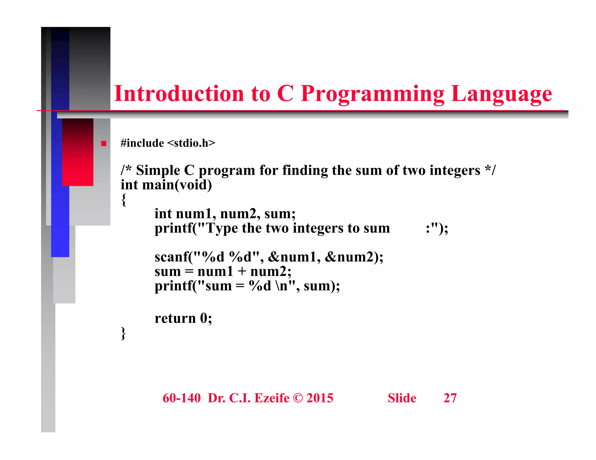 i C i
Introduction to C Programming Language
 #include <stdio h>
 #include <stdio.h>
/* Simple C program for finding the sum of two integers */
int main(void)
{
{
int num1, num2, sum;
printf("Type the two integers to sum :");
scanf("%d %d" &num1 &num2);
scanf( %d %d , &num1, &num2);
sum = num1 + num2;
printf("sum = %d n", sum);
return 0;
return 0;
}
60-140 Dr. C.I. Ezeife © 2015 Slide 27
 