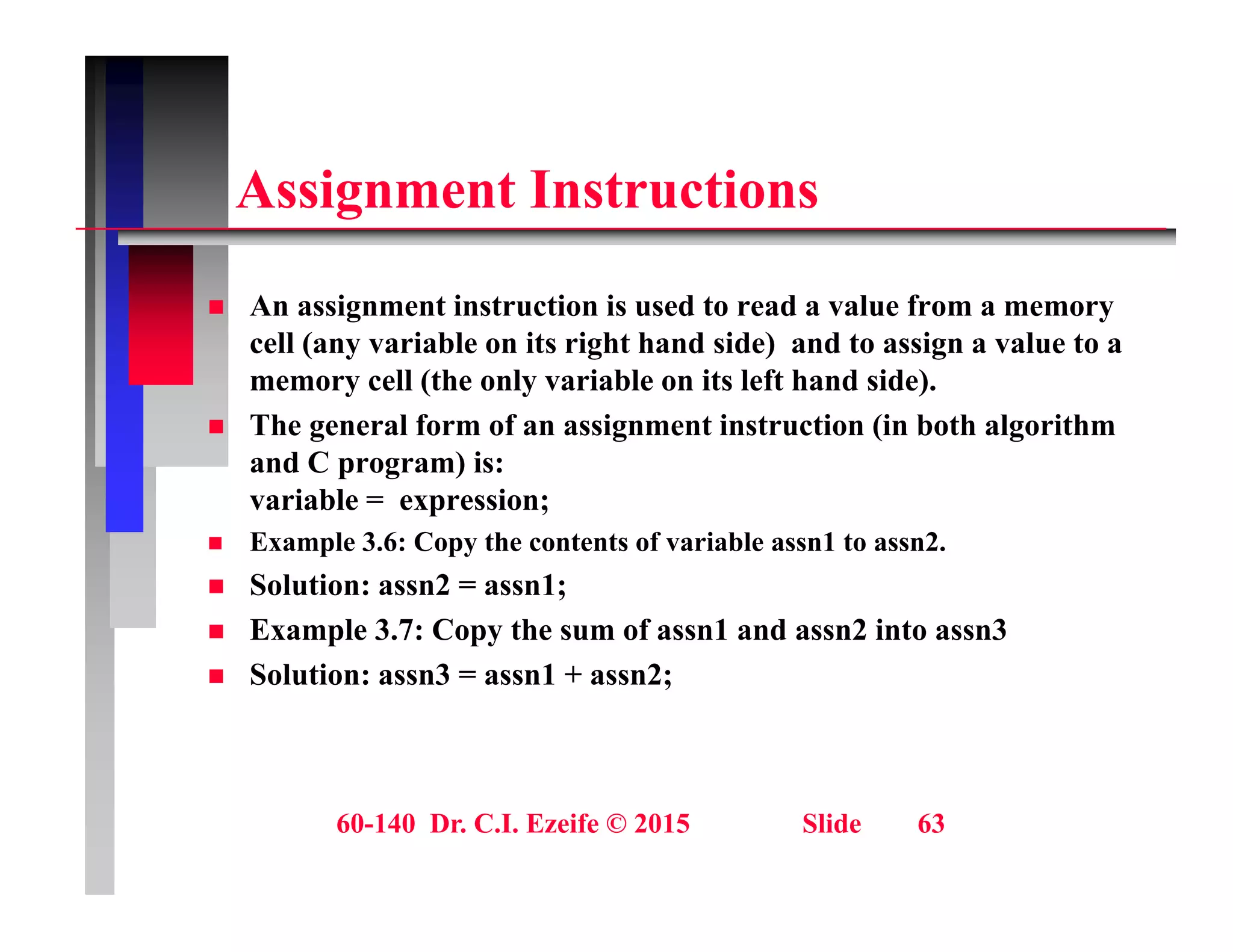A i t I t ti
Assignment Instructions
A i i i i d d l f
 An assignment instruction is used to read a value from a memory
cell (any variable on its right hand side) and to assign a value to a
memory cell (the only variable on its left hand side).
Th l f f i t i t ti (i b th l ith
 The general form of an assignment instruction (in both algorithm
and C program) is:
variable = expression;
E l 3 6 C th t t f i bl 1 t 2
 Example 3.6: Copy the contents of variable assn1 to assn2.
 Solution: assn2 = assn1;
 Example 3.7: Copy the sum of assn1 and assn2 into assn3
 Solution: assn3 = assn1 + assn2;
60-140 Dr. C.I. Ezeife © 2015 Slide 63
 