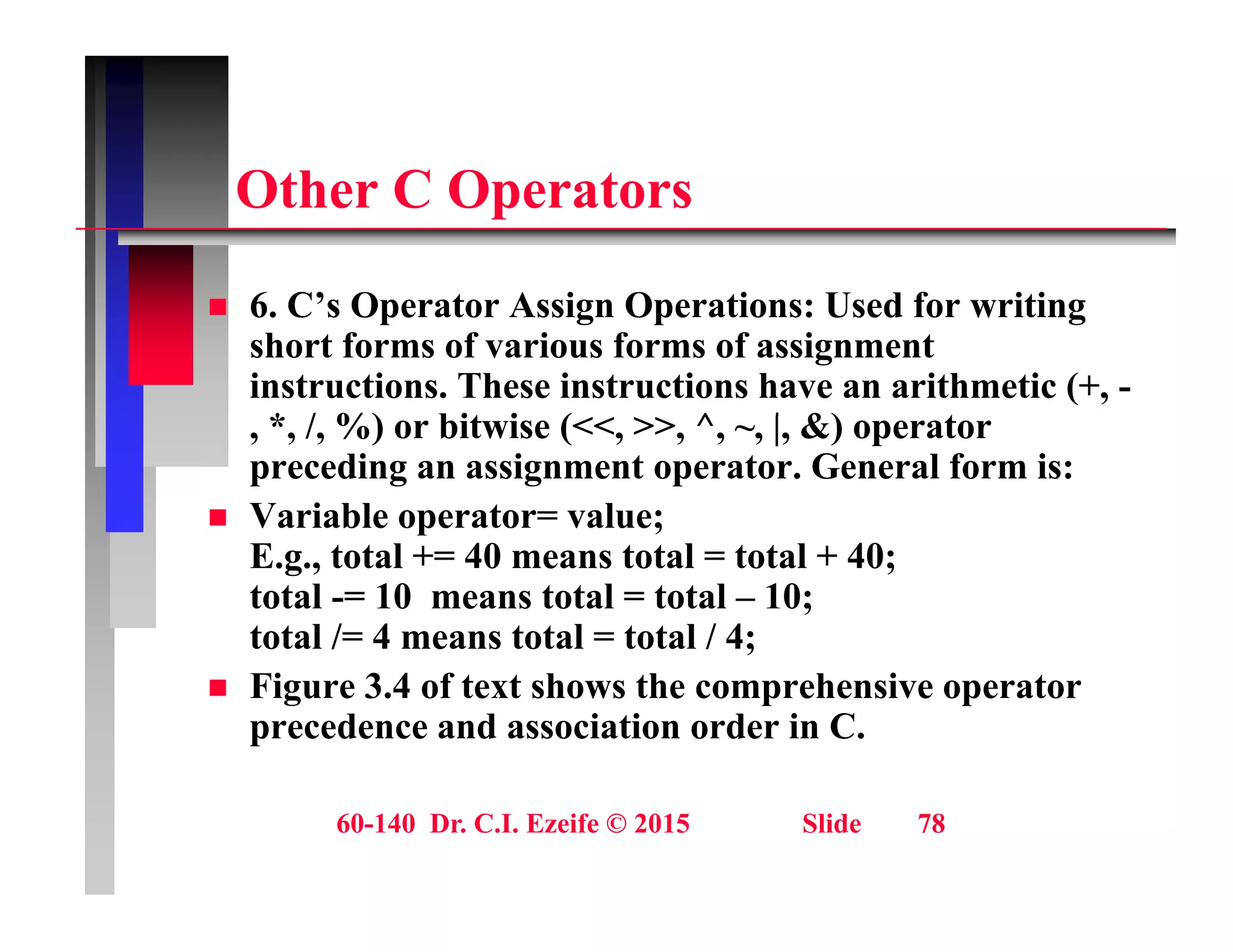 Oth C O t
Other C Operators
6 C’ O t A i O ti U d f iti
 6. C’s Operator Assign Operations: Used for writing
short forms of various forms of assignment
instructions. These instructions have an arithmetic (+, -
* / %) bit i ( ^ | &) t
, *, /, %) or bitwise (<<, >>, ^, ~, |, &) operator
preceding an assignment operator. General form is:
 Variable operator= value;
E.g., total += 40 means total = total + 40;
total -= 10 means total = total – 10;
total /= 4 means total = total / 4;
 Figure 3.4 of text shows the comprehensive operator
precedence and association order in C.
60-140 Dr. C.I. Ezeife © 2015 Slide 78
 
