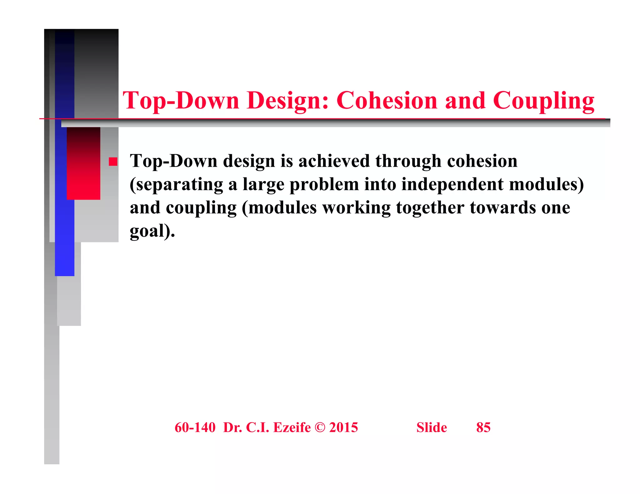 i C i C i
Top-Down Design: Cohesion and Coupling
 Top-Down design is achieved through cohesion
(separating a large problem into independent modules)
and coupling (modules working together towards one
p g ( g g
goal).
60-140 Dr. C.I. Ezeife © 2015 Slide 85
 