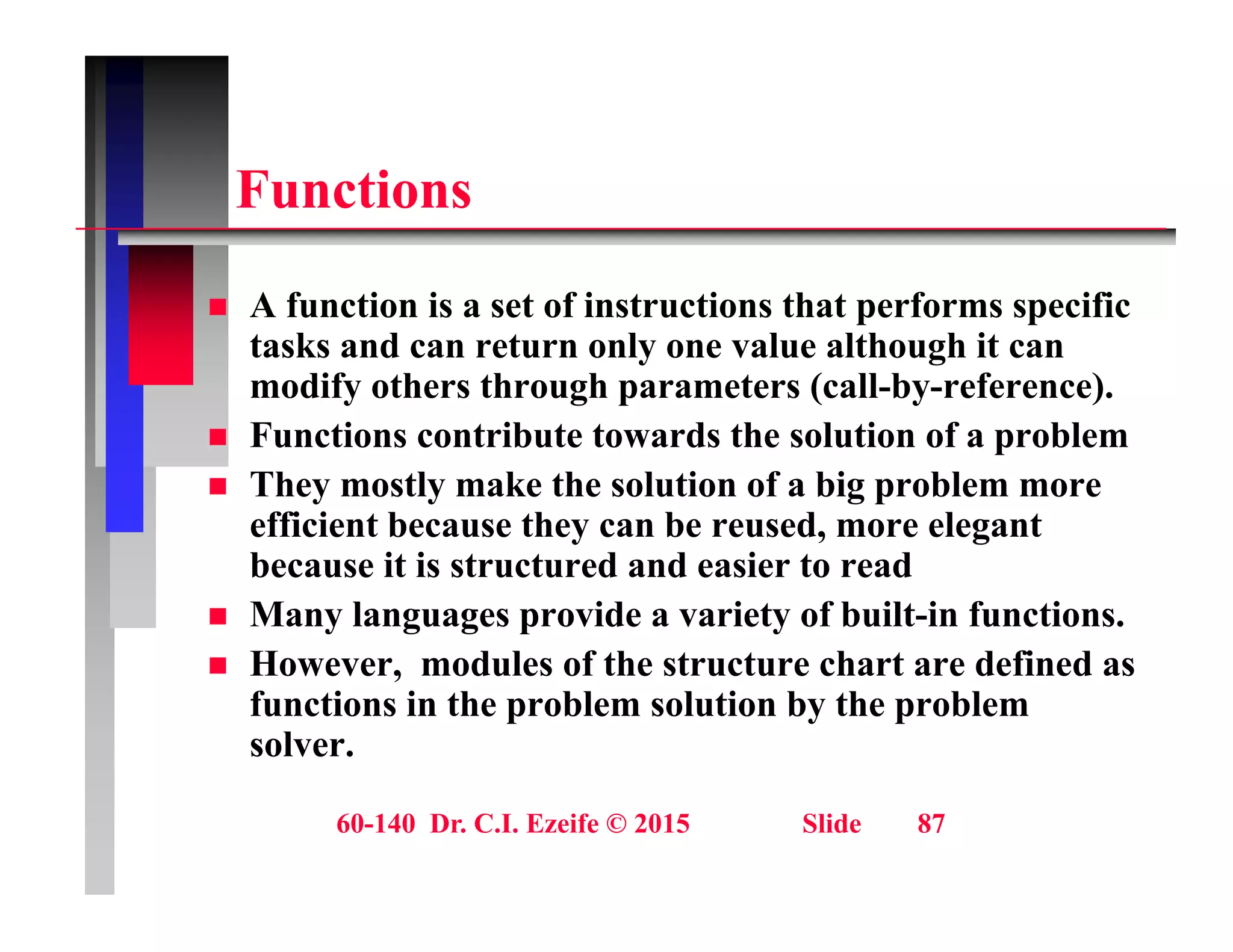 F ti
Functions
A f ti i t f i t ti th t f ifi
 A function is a set of instructions that performs specific
tasks and can return only one value although it can
modify others through parameters (call-by-reference).
 Functions contribute towards the solution of a problem
 They mostly make the solution of a big problem more
efficient because they can be reused, more elegant
efficient because they can be reused, more elegant
because it is structured and easier to read
 Many languages provide a variety of built-in functions.
H d l f th t t h t d fi d
 However, modules of the structure chart are defined as
functions in the problem solution by the problem
solver.
60-140 Dr. C.I. Ezeife © 2015 Slide 87
 