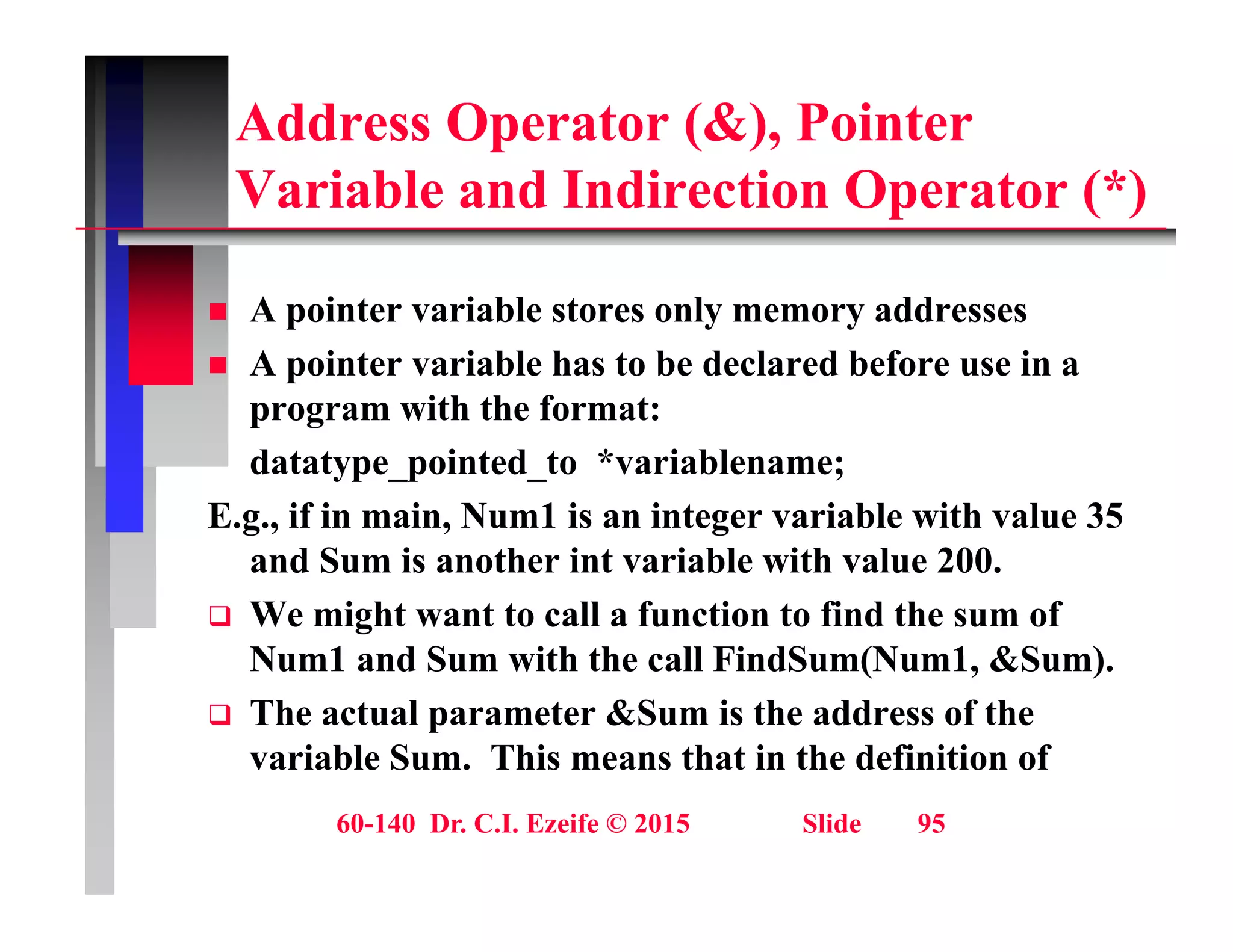 Address Operator (&), Pointer
V i bl d I di ti O t (*)
Variable and Indirection Operator (*)
 A pointer variable stores only memory addresses
 A pointer variable has to be declared before use in a
program with the format:
program with the format:
datatype_pointed_to *variablename;
E.g., if in main, Num1 is an integer variable with value 35
g g
and Sum is another int variable with value 200.
 We might want to call a function to find the sum of
Num1 and Sum with the call FindSum(Num1 &Sum)
Num1 and Sum with the call FindSum(Num1, &Sum).
 The actual parameter &Sum is the address of the
variable Sum. This means that in the definition of
60-140 Dr. C.I. Ezeife © 2015 Slide 95
 