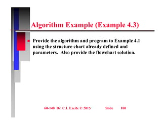 Al ith E l (E l 4 3)
Algorithm Example (Example 4.3)
 Provide the algorithm and program to Example 4.1
using the structure chart already defined and
parameters. Also provide the flowchart solution.
p p
60-140 Dr. C.I. Ezeife © 2015 Slide 100
 