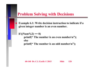 P bl S l i ith D i i
Problem Solving with Decisions
 Example 6.1: Write decision instruction to indicate if a
given integer number is an even number.
if ((Num%2) == 0)
printf(“ The number is an even numbern”);
l
else
printf(“ The number is an odd numbern”);
60-140 Dr. C.I. Ezeife © 2015 Slide 120
 