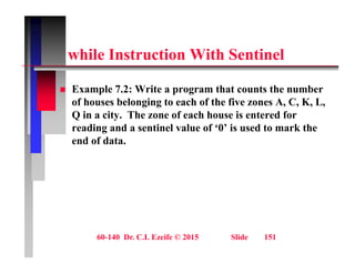 hil I t ti With S ti l
while Instruction With Sentinel
 Example 7.2: Write a program that counts the number
of houses belonging to each of the five zones A, C, K, L,
Q in a city. The zone of each house is entered for
Q y
reading and a sentinel value of ‘0’ is used to mark the
end of data.
60-140 Dr. C.I. Ezeife © 2015 Slide 151
 