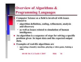 Overview of Algorithms &
P i L
Programming Languages
 Computer Science as a field is involved with issues
p
related to
• algorithm definition, coding, refinement, analysis
and discovery
and discovery
• as well as issues related to simulation of human
intelligence.
A l ith i f t f l i ifi
 An algorithm is a sequence of steps for solving a specific
problem given its input data and the expected output
data.
 Examples of real-life algorithms are
• operating a laundry machine, playing a video game, baking a
cake
60-140 Dr. C.I. Ezeife © 2015 Slide 16
 