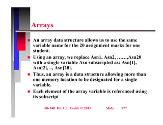 A
Arrays
A d t t t ll t th
 An array data structure allows us to use the same
variable name for the 20 assignment marks for one
student.
 Using an array, we replace Asn1, Asn2, ……,Asn20
with a single variable Asn subscripted as: Asn[1],
Asn[2], .., Asn[20].
 Thus, an array is a data structure allowing more than
one memory location to be designated for a single
variable.
variable.
 Each element of the array variable is referenced using
its subscript
60-140 Dr. C.I. Ezeife © 2015 Slide 177
 