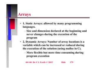 A
Arrays
• 1. Static Arrays: allowed by many programming
languages.
– Size and dimension declared at the beginning and
Size and dimension declared at the beginning and
never changes during the execution of the
program
• 2. Dynamic Arrays: Number of array locations is a
variable which can be increased or reduced during
the execution of the solution (using malloc in C).
( g )
– More flexible but more time consuming during
program execution
60-140 Dr. C.I. Ezeife © 2015 Slide 179
 