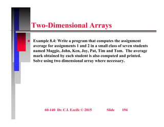 T Di i l A
Two-Dimensional Arrays
E l 8 4 W i h h i
 Example 8.4: Write a program that computes the assignment
average for assignments 1 and 2 in a small class of seven students
named Maggie, John, Ken, Joy, Pat, Tim and Tom. The average
mark obtained by each student is also computed and printed
mark obtained by each student is also computed and printed.
Solve using two dimensional array where necessary.
60-140 Dr. C.I. Ezeife © 2015 Slide 194
 