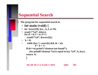 S ti l S h
Sequential Search
 The program for sequential search is:
p g q
• int main (void) {
• int Score[10], key , k, I, n=10;
• scanf (“%d”, &key);
scanf ( %d , &key);
for (I = 0; I < n; I++)
scanf(“%d”, &score[I]);
• k = 0;
• while (key != score[k] && (k < n))
k = k + 1;
If (k>=n) printf (“element not found”);
else printf(“element %d is equal to key %d” k key);
else printf( element %d is equal to key %d , k, key);
return 0;
}
60-140 Dr. C.I. Ezeife © 2015 Slide 202
 