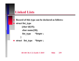 Li k d Li t
Linked Lists
 Record of this type can be declared as follows:
 struct list_type
{char id[15];
{char id[15];
char name[20];
list type *listptr ;
list_type listptr ;
}
 struct list_type *listptr ;
60-140 Dr. C.I. Ezeife © 2015 Slide 239
 