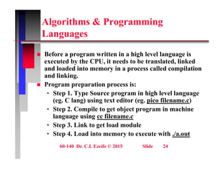 Algorithms & Programming
L
Languages
B f itt i hi h l l l i
 Before a program written in a high level language is
executed by the CPU, it needs to be translated, linked
and loaded into memory in a process called compilation
d li ki
and linking.
 Program preparation process is:
• Step 1. Type Source program in high level language
Step 1. Type Source program in high level language
(eg. C lang) using text editor (eg. pico filename.c)
• Step 2. Compile to get object program in machine
language using cc filename c
language using cc filename.c
• Step 3. Link to get load module
• Step 4. Load into memory to execute with ./a.out
60-140 Dr. C.I. Ezeife © 2015 Slide 24
 