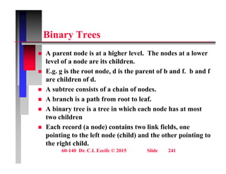Bi T
Binary Trees
 A parent node is at a higher level The nodes at a lower
 A parent node is at a higher level. The nodes at a lower
level of a node are its children.
 E.g. g is the root node, d is the parent of b and f. b and f
are children of d.
 A subtree consists of a chain of nodes.
 A b h i th f t t l f
 A branch is a path from root to leaf.
 A binary tree is a tree in which each node has at most
two children
 Each record (a node) contains two link fields, one
pointing to the left node (child) and the other pointing to
th i ht hild
60-140 Dr. C.I. Ezeife © 2015 Slide 241
the right child.
 