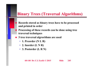 Bi T (T l Al ith )
Binary Trees (Traversal Algorithms)
 Records stored as binary trees have to be processed
and printed in order
 Processing of these records can be done using tree
 Processing of these records can be done using tree
traversal techniques
 3 tree traversal algrorithms are used
• 1. Preorder (N L R)
• 2. Inorder (L N R)
3 P d (L R N)
• 3. Postorder (L R N)
60-140 Dr. C.I. Ezeife © 2015 Slide 245
 