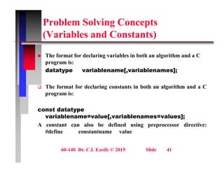 Problem Solving Concepts
(V i bl d C t t )
(Variables and Constants)
Th f f d l i i bl i b h l i h d C
 The format for declaring variables in both an algorithm and a C
program is:
datatype variablename[,variablenames];
 The format for declaring constants in both an algorithm and a C
program is:
const datatype
variablename=value[,variablenames=values];
[, ];
A constant can also be defined using preprocessor directive:
#define constantname value
60-140 Dr. C.I. Ezeife © 2015 Slide 41
 