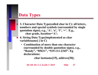 D t T
Data Types
3 Ch t D t T ( ll d h i C) ll l tt
 3. Character Data Type(called char in C): all letters,
numbers and special symbols (surrounded by single
quotation signs), e.g., ‘A’, ‘a’, ‘1’, ‘+’. E.g.,
h d l ti ‘A’
char grade, location=‘A’;
 4. String Data Type(implemented as char
variablename[ ] in C)
• Combination of more than one character
(surrounded by double quotation signs), e.g.,
“Randy”, “85611”, “519-111-2345”. Eg
Randy , 85611 , 519 111 2345 . Eg
declarations:
char lastname[15], address[30];
60-140 Dr. C.I. Ezeife © 2015 Slide 47
 