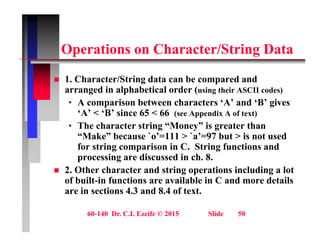 O ti Ch t /St i D t
Operations on Character/String Data
1 Ch t /St i d t b d d
 1. Character/String data can be compared and
arranged in alphabetical order (using their ASCII codes)
• A comparison between characters ‘A’ and ‘B’ gives
‘A’ < ‘B’ since 65 < 66 (see Appendix A of text)
• The character string “Money” is greater than
“Make” because `o’=111 > `a’=97 but > is not used
Make because o 111 a 97 but is not used
for string comparison in C. String functions and
processing are discussed in ch. 8.
 2 Other character and string operations including a lot
 2. Other character and string operations including a lot
of built-in functions are available in C and more details
are in sections 4.3 and 8.4 of text.
60-140 Dr. C.I. Ezeife © 2015 Slide 50
 