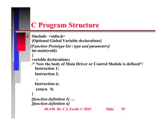 C P St t
C Program Structure
 #include <stdio.h>
[Optional Global Variable declarations]
[Function Prototype list : type and parameters]
int main(void)
{
{
variable declarations;
/* Now the body of Main Driver or Control Module is defined*/
Instruction 1;
Instruction 2;
:
Instruction n;
return 0;
}
[function definition 1] …
[f ti d fi iti ]
60-140 Dr. C.I. Ezeife © 2015 Slide 55
[function definition n]
 