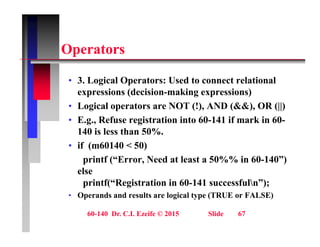 O t
Operators
• 3. Logical Operators: Used to connect relational
expressions (decision-making expressions)
• Logical operators are NOT (!), AND (&&), OR (||)
Logical operators are NOT (!), AND (&&), OR (||)
• E.g., Refuse registration into 60-141 if mark in 60-
140 is less than 50%.
• if (m60140 < 50)
printf (“Error, Need at least a 50%% in 60-140”)
else
else
printf(“Registration in 60-141 successfuln”);
• Operands and results are logical type (TRUE or FALSE)
60-140 Dr. C.I. Ezeife © 2015 Slide 67
 