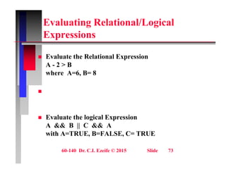 Evaluating Relational/Logical
E i
Expressions
 Evaluate the Relational Expression
A - 2 > B
where A=6, B= 8
,

 Evaluate the logical Expression
g p
A && B || C && A
with A=TRUE, B=FALSE, C= TRUE
60-140 Dr. C.I. Ezeife © 2015 Slide 73
 