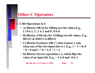 Oth C O t
Other C Operators
 3. Bit Operations in C
• A) Bitwise OR (|) for ORing two bit values.E.g.,
1 | 0 is 1, 1 | 1 is 1 and 0 | 0 is 0
1 | 0 is 1, 1 | 1 is 1 and 0 | 0 is 0
• B) Bitwise AND (&) for ANDing two bit values. E.g.,
001111 & 010111 is 000111
• C) Bitwise Exclusive OR (^) that returns 1 only
when one of the two input bits is 1. E.g., 1 ^ 1 = 0, 0
^ 0 = 0 and 1 ^ 0 = 1 0 ^ 1 = 1
0 0 and 1 0 1, 0 1 1.
• D) Bitwise Inverse operation (~), which flips the
value of an input bit. E.g., ~ 1 is 0 and ~0 is 1.
60-140 Dr. C.I. Ezeife © 2015 Slide 76
 