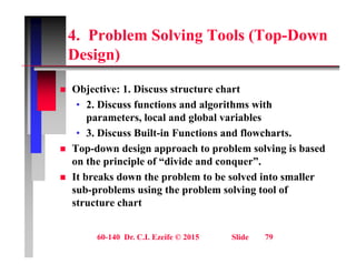 4. Problem Solving Tools (Top-Down
D i )
Design)
 Objective: 1. Discuss structure chart
• 2. Discuss functions and algorithms with
parameters, local and global variables
parameters, local and global variables
• 3. Discuss Built-in Functions and flowcharts.
 Top-down design approach to problem solving is based
g g
on the principle of “divide and conquer”.
 It breaks down the problem to be solved into smaller
sub problems using the problem solving tool of
sub-problems using the problem solving tool of
structure chart
60-140 Dr. C.I. Ezeife © 2015 Slide 79
 