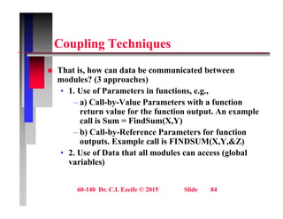 C li T h i
Coupling Techniques
Th t i h d t b i t d b t
 That is, how can data be communicated between
modules? (3 approaches)
• 1. Use of Parameters in functions, e.g.,
– a) Call-by-Value Parameters with a function
return value for the function output. An example
call is Sum = FindSum(X,Y)
call is Sum FindSum(X,Y)
– b) Call-by-Reference Parameters for function
outputs. Example call is FINDSUM(X,Y,&Z)
2 U f D t th t ll d l ( l b l
• 2. Use of Data that all modules can access (global
variables)
60-140 Dr. C.I. Ezeife © 2015 Slide 84
 